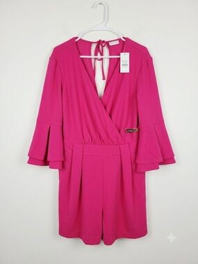 New York & Company Fuchsia Wrap Romper with Tiered Bell Sleeves
